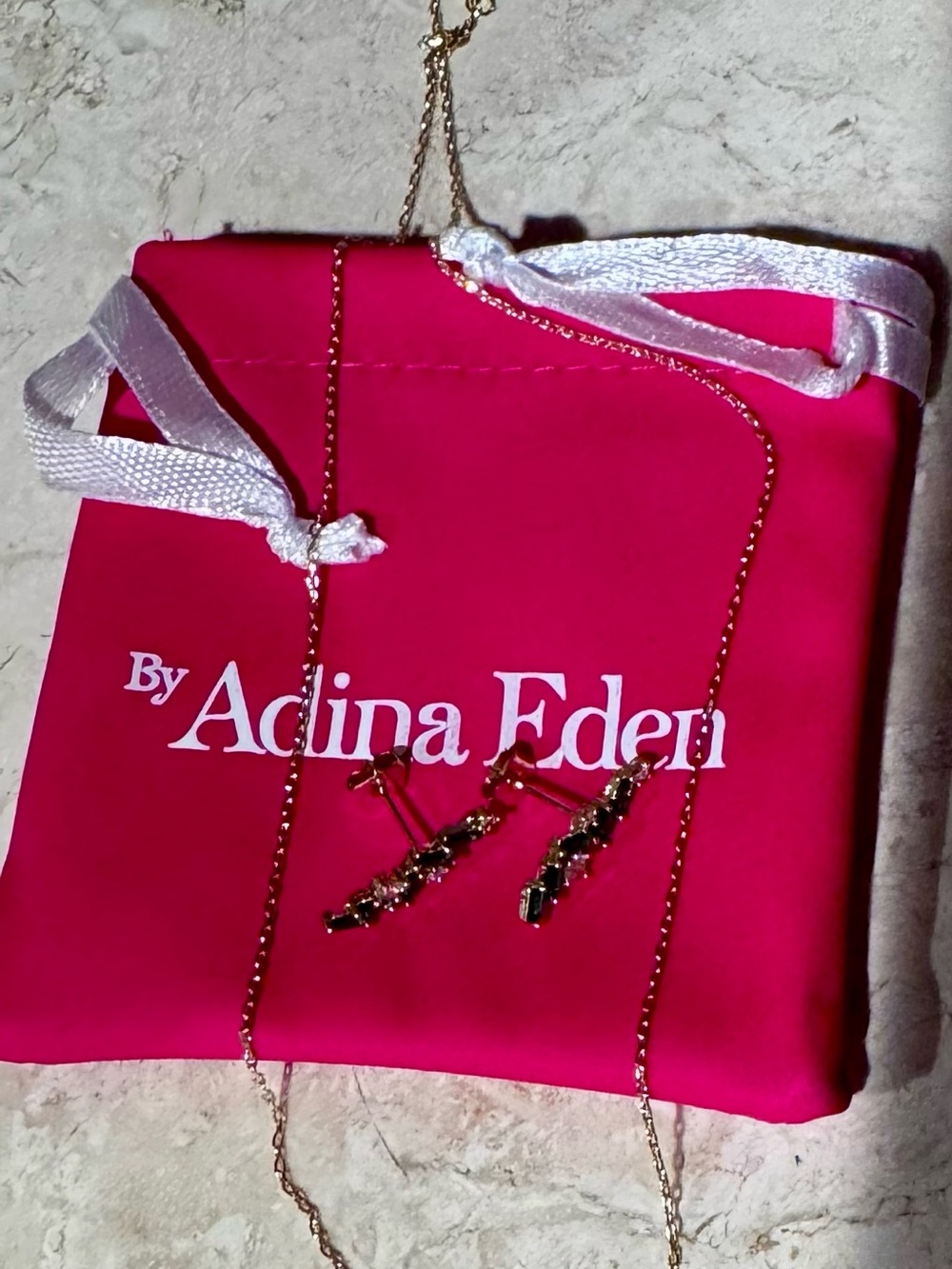 Adina Eden Hot Pink Drawstring Jewelry Pouch with Gold-Tone Chain & Earrings